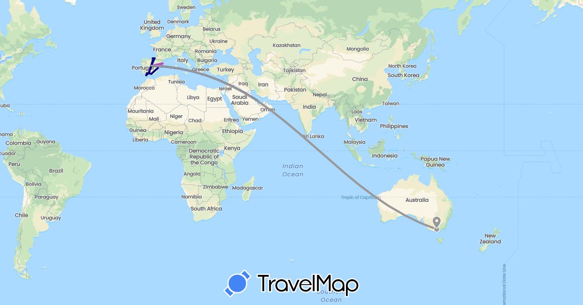 TravelMap itinerary: driving, plane, train in Australia, Spain, Qatar (Asia, Europe, Oceania)